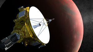 Konstnärens vision av New Horizons vid Pluto. Illustration av sonden New Horizons med Plutos största måne Charon i bakgrunden.