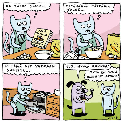 Kuvassa on Joonas Lehtimäen piirtämä sarjakuva siitä, miten vaikeaa on joskus tunnistaa omaa osaamistaan.
