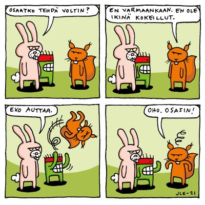 Kuvassa on Joonas Lehtimäen piirtämä sarjakuva siitä, kun tuntuu ettei osaa tehdä volttia, mutta toisen avulla se yllättäen onnistuukin.