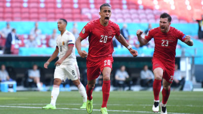 Yussuf Poulsen iski Tanskan 1–0-maalin Belgiaa vastaan.