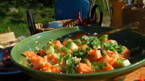 Mat på sten med melonsallad