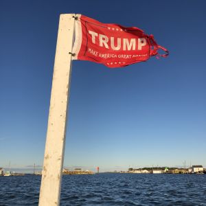 Trump får starkt stöd. Reklamvimpel i borgmästarens båt. Trumps reklamflagga vajar på borgmästarens båt