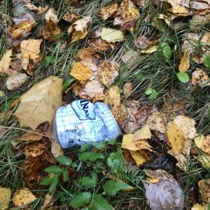 Tyhjä lonkerotölkki on jätetty nurmikolle.