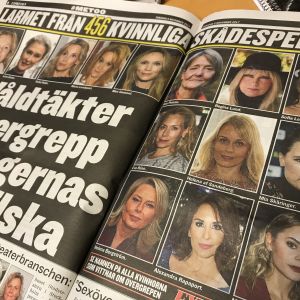 Skådespelarnas upprop #tystnadtagning. Uppslag i tidningen Expressen med bilder på kvinnliga skådespelare och rubriken "Larmet från 456 skådespelare".