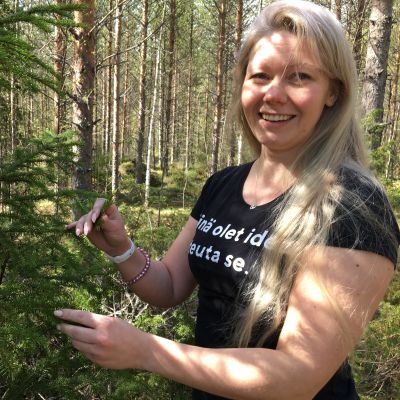 Oulun 4H-yhdistyksen toiminta- ja koulutuskoordinaattori Miia Konttinen kuusen luona kerkkiä etsimässä.