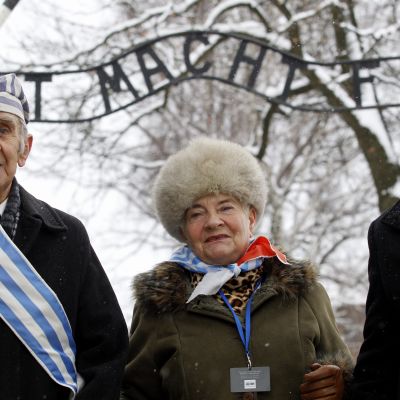 Tidigare Auschwitzfångar vid lägerporten på 70-årsdagen av befrielsen.
