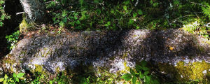 Sammaloitunut vanha kivipaasi metsässä, paadessa baskinkielinen teksti, joka näkyy osin huonosti.