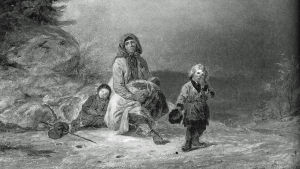 Tiggarfamilj vid landsvägen. Målning av Robert Wilhelm Ekman från år 1860. Ingick i Topelius' Finlands krönika 1860-1878. Tiggarfamilj vid landsvägen. Målning av Robert Wilhelm Ekman från 1860