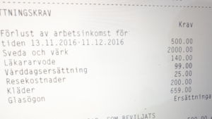 Statskansliet ersätter årligen cirka femtusen personer utsatta för brott. Här är Thomas Ståhl utgifter till följd av den misshandel han var med om. Samtliga utgifter ersattes. Kvitto på ersättning
