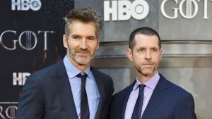 David Benioff och D.B. Weiss på röda mattan inför åttonde säsongens premiär i New York. David Benioff och D.B. Weiss, serietopparna på Game Of Thrones.