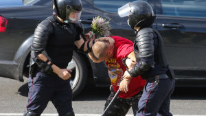Polisen griper alla som uttrycker stöd för oppositionen – till exempel genom att försöka lägga ner blommor till minnet av en dödad demonstrant. Två kravallpoliser griper en man som håller i en blombukett