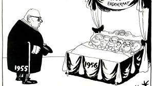 Paasikivi lämnar över det nya året till bl.a. presidentkandidaterna Kekkonen och K.A. Fagerholm. Teckning av Kari Suomalainen. Kari Suomalaisen pilapiirros presidentinvaalien ehdokkaista 1956.