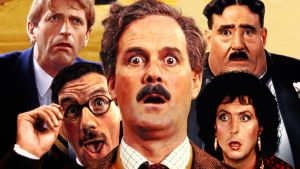 Monty Python. Kuvassa keskellä John Cleese, ylhäällä Graham Chapman ja Terry Jones, alhaalla Michael Palin ja Eric Idle.