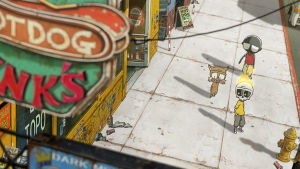 Kino: Mutafukaz. Animaatiohahmoja kävelemässä animoidulla kadulla.