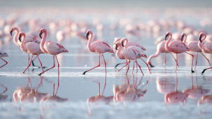 Avara luonto: Luonnon parhaat tanssijat. Flamingoja tepastelemassa vedessä.