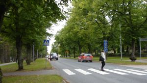 Museiverket som inventerat de gamla byggnaderna i Seminarieparken och hela skolkvarteret har också skrivit lyriskt om den bulevardliknande Raseborgsvägen. Övergångsställe vid Raseborgsvägen i Ekenäs.