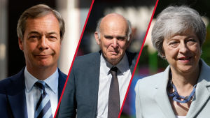 Nigel Farage är valets stora vinnare i Strobritannien. LibDems ordförande Vince Cable har lovat att stoppa brexit, om partiet får stöd nog. Tories har fått betala dyrt för Mays brexittrubbel. Sir Vince Cable, Theresa May och Nigel Farage.