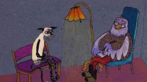 Det här är en teckning ur kattens eller den 37-åriga trebarnsmammans berättelse. I egenskap av konstnär och animerare kunde Antonia Rinbdom intervjua de medverkande utan att stämpla, diagnostisera eller kategorisera, något som många upplevde som en befriande upplevesle. . Den psykiskt sjuka "katten" sitter hos psykiatern som Antonia Ringbom porträtterat som en uggla.