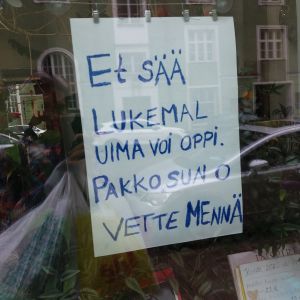 Universum vill säga skribenten något under essäskrivandets gång. Text i skyltfönser som säger att man inte lär sig simma genom att läsa, man måste ut i vattnet.