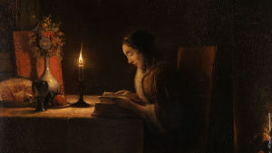 "Lektüre bei Kerzenlicht" av den holländsk-belgiske målaren Petrus Van Schendel (1806–1870). Målning av en flicka som sitter vid ett bord i skenet av ett levande ljus och läser en bok.
