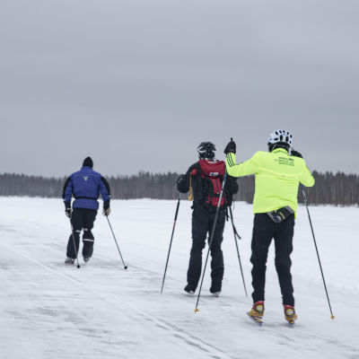 Hannu Korkiakoski, Henry Leinonen ja Markku Savolainen retkiluistelemassa Vuottolahdella.