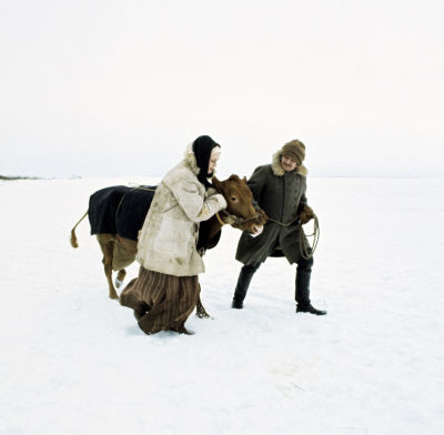 Rose-Marie Rosenback (Maija) och Leif Sundberg (Janne) går över isen med en ko