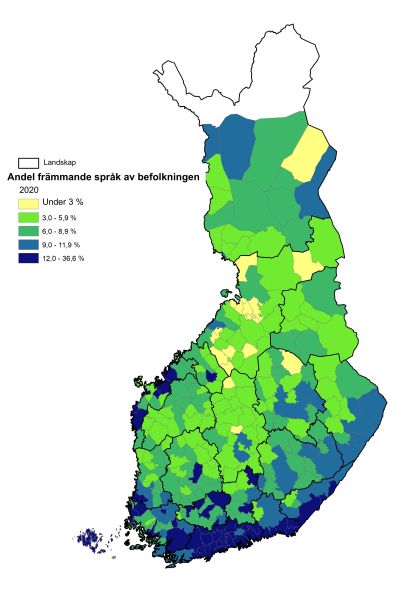 karta över andelen främmande språk i befolkningen 2040