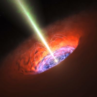 Konstnärlig uppskattning av ett svart hål i mitten av en galax.