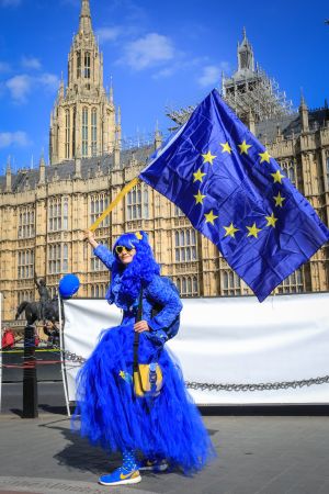 Vissa britter är emot EU, andra är för. Den här personen verka önska att Storbritannien skulle hållas kvar i EU. EU-förespråkare viftar med EU-flaggan utanför den brittiska parlamentsbyggnaden i Westminster.