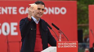 Premiärminister Pedro Sánchez deltog i socialistpartiet PSOE:s valkampanj den 2 maj 2021 Premiärminister Pedro Sánchez deltog i socialistpartiet PSOE:s valkampanj den 2 maj 2021