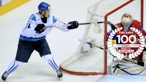 Mikael Granlunds zorromål, VM 2011, med logon för Finlands 100 största idrottsögonblick.