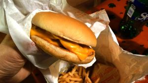 I Naftaförhandlingarna försökte USA stoppa varningsmärken på skräpmat och läsk. En hamburgare med franska potatisar