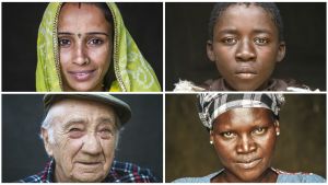 Neljät kasvot elokuvasta Human. Kasvoja valokuvaaja Yann Arthus-Bertrandin ohjaamasta kolmituntisesta dokumenttielokuvasta Human.