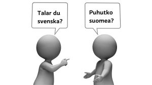 En möjlighet är också att både kan göra sig förstådda på sitt eget modersmål, säger Kauppila. Två figurer samtalar med varandra.
