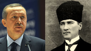 Erdoğan och Atatürk. Fotomontage med Turkiets grundare Mustafa Kemal Atatürk och den nuvarande presidenten Recep Tayyip Erdoğan.