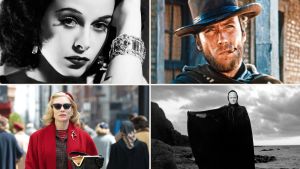 Kollaasi Teeman kevään 2019 elokuvista: Hedy Lamarr, Vain muutaman dollarin tähden, Seitsemäs sinetti, Carol