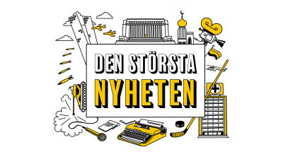 Grafisk logo med texten "Den största nyheten" samt tecknade symboler som bland annat föreställer skyskrapor, en hockeyklubba, en pansarvagn och en skrivmaskin.