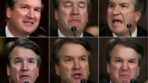 Sex bildler av Brett Kavanaugh under argt vittnesmål i senaten.