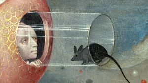 Mies ja lasiputkessa istuva hiiri. Yksityiskohta Boschin teoksesta Maallisten ilojen puutarha