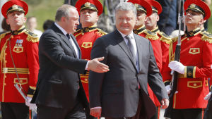 Ukrainas president Petro Porosjenko landade på tisdag i Georgien för ett statsbesök. Här är han tillsammans med den georgiska presidenten Giorgi Margvelasjvili. Georgiens president Giorgi Margvelasjvili tar emot Ukrainas president Petro Porosjenko.
