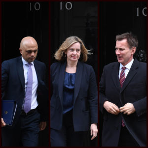 Sajid Javid, Amber Rudd och Jeremy Hunt,. Jeremy Hunt, Sajid Javid och Amber Rudd utanför 10 Downing Street.