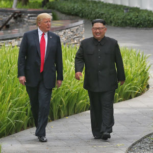 Donald Trump och Kim Jong-Un har träffats tre gånger. På den här bilden ser vi dem ta en promenad tillsammans i samband med mötet i Singapore i juni 2018. Donald Trump och Kim Jong-un promenerar längs med en stig.