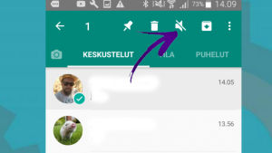 Android-puhelimessa mykistys tehdään kaiuttimen kuvakkeesta. Kuvakaappaus WhatsAppista: Mykistäminen Androidille