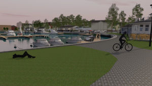 Mera cyklar och fotgängare, färre bilar. Bilarna ska i framtiden köra väldigt sakta eftersom en stor del av området blir gårdsgata. En skiss eller ritning på ett grönområde i hamnen med cyklist och en ritad gubbe som ligger och slappar på gräsmattan.