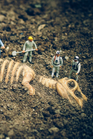 Pienet muovihahmot kaivavat dinosauruksen luurankoa esiin hiekasta.
