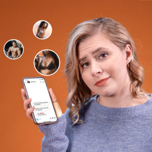 Hyvishakkeri Laura kankaala pitää kännykkää kädessään, jossa on viestejä pornoboteilta.