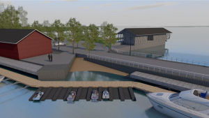 En skiss på hur nya "Simmis" kunde se ut. En skiss, teckning på en byggnad invid vatten.