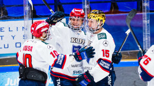 Winberg gratuleras av lagkamrater efter första ligamålet. HIFK:s Tobias Winberg omfamnas av lagkamrater.