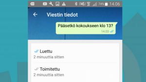 Saat tietää, milloin viesti on luettu ja toimitettu – jos olet sallinut lukukuittaukset. Kuva Android-puhelimesta. Kuvakaappaus WhatsAppista: Kuvan tiedot Androidissa