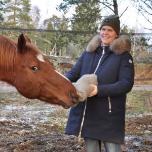 En brun häst sniffar på den kardade biten ull som Jessica håller i handen.